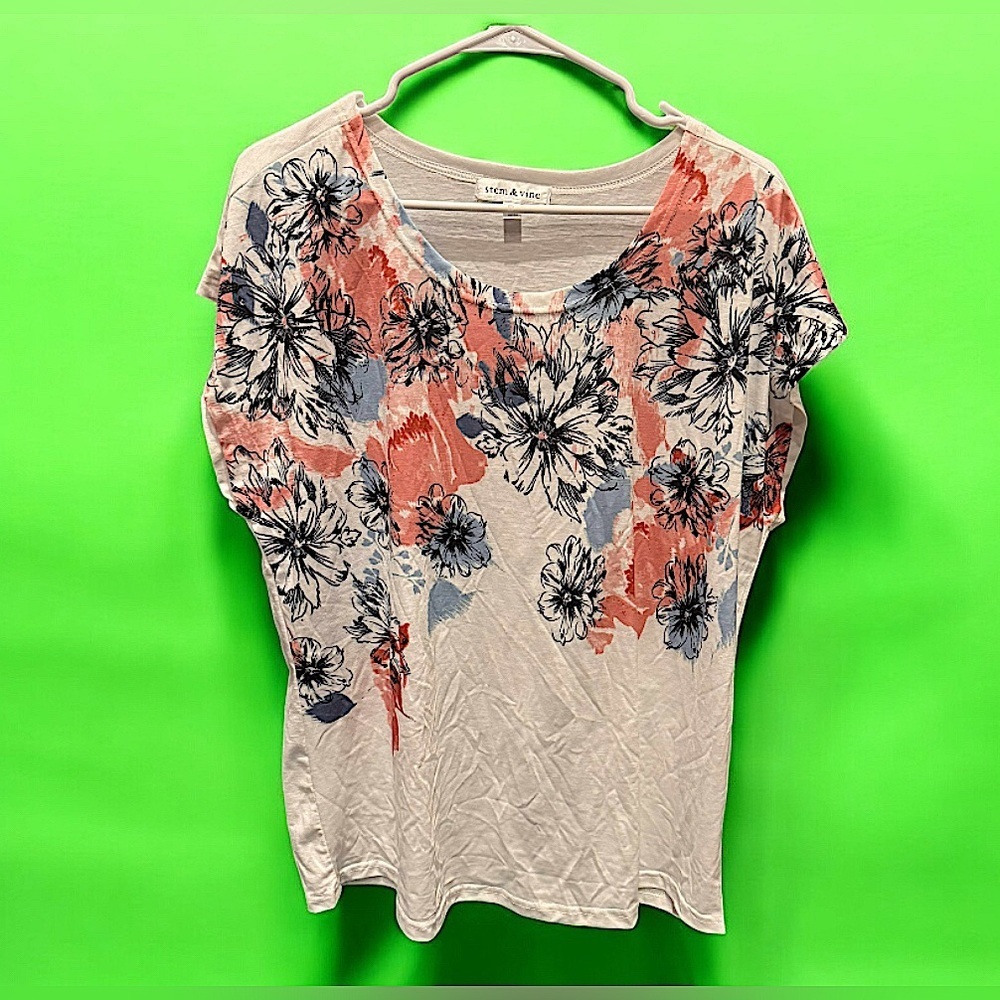 Stem & vine Women's Top with Floral Design - Pink and Blue white 1X